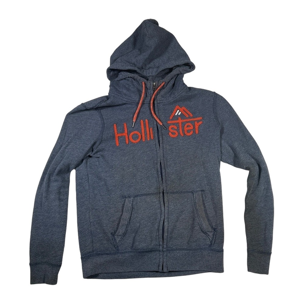 Hollister California Zip‎ Up Hoodie Orange Logo Grey Heathered Cotton XS Mens